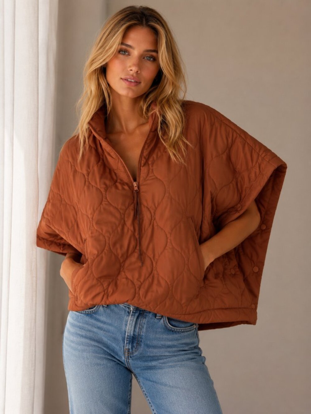 NWT Do Everything In Love Rust Quilted Puffer Poncho Cape Vest Snap Sides OS